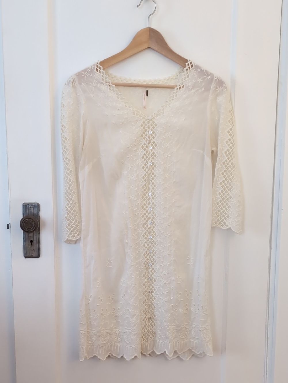 Free People Cream Lace-Trim Boho Shirt Or Mini Dress